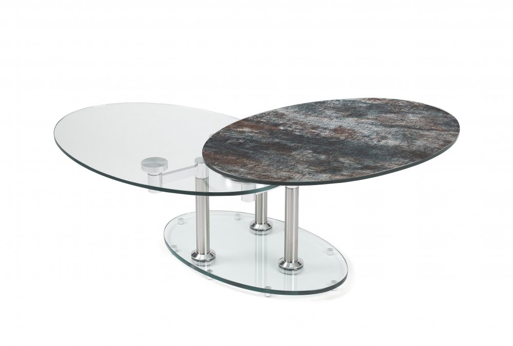 Table basse DOUBLE CÉRAMIQUE ANTHRACITE à plateaux pivotants en verre 